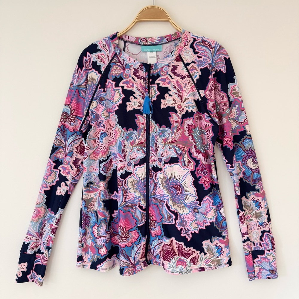Beach House Floral Zippered Rash Guard Swim Top in Pink and Blue Floral, Size L